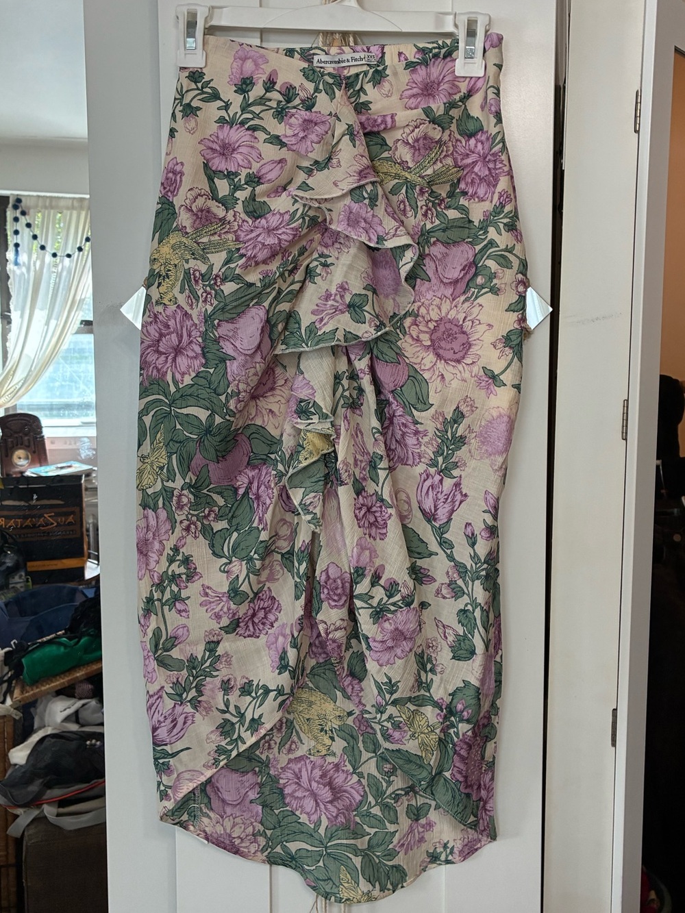 Abercrombie and Fitch Floral Ruffle Midi Skirt in Lavender and Green XXS